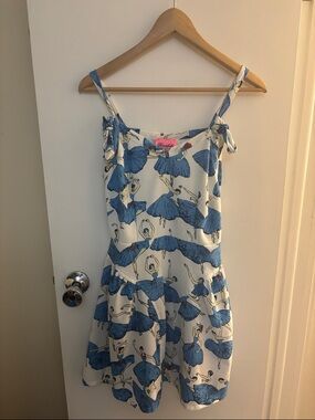 Women’s Blue Ballerina Print Mini Sundress White Cream Dance Sz Small FLAW